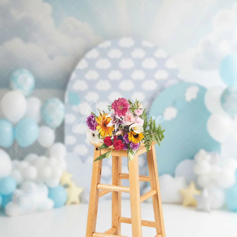 Aperturee - Aperturee Soft Blue Sky and White Clouds Backdrop Dreamy Star for Baby Birthday Cake Smash