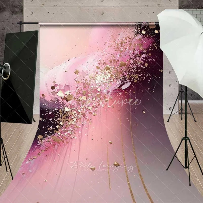 Aperturee - Aperturee Soft Pink and Burgundy Abstract Sweep Art Backdrop Luxury Gold Flakes and Drips Photography Background