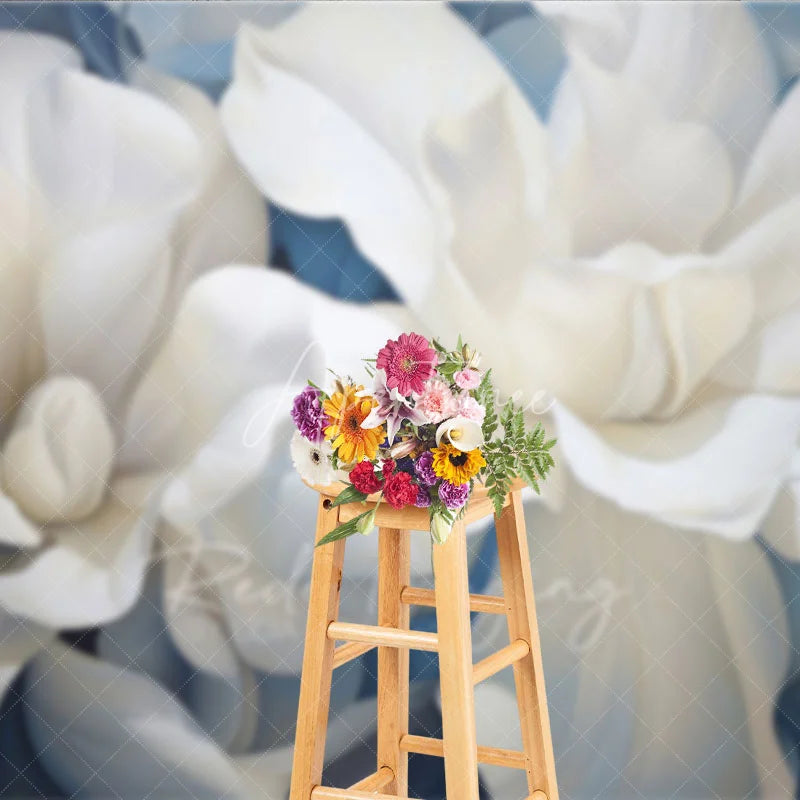 Aperturee - Aperturee Soft White Floral Backdrop Dreamy Blue Flower Art Background Newborn Photography Studio Prop