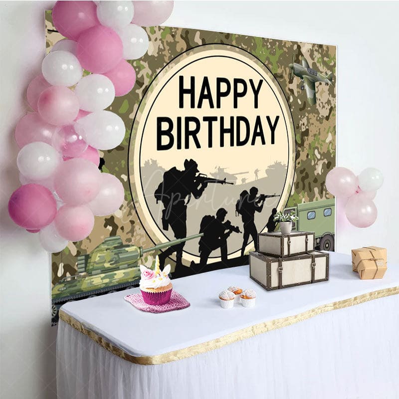 Aperturee - Aperturee Soldier Tank Aircraft Training Happy Birthday Backdrop
