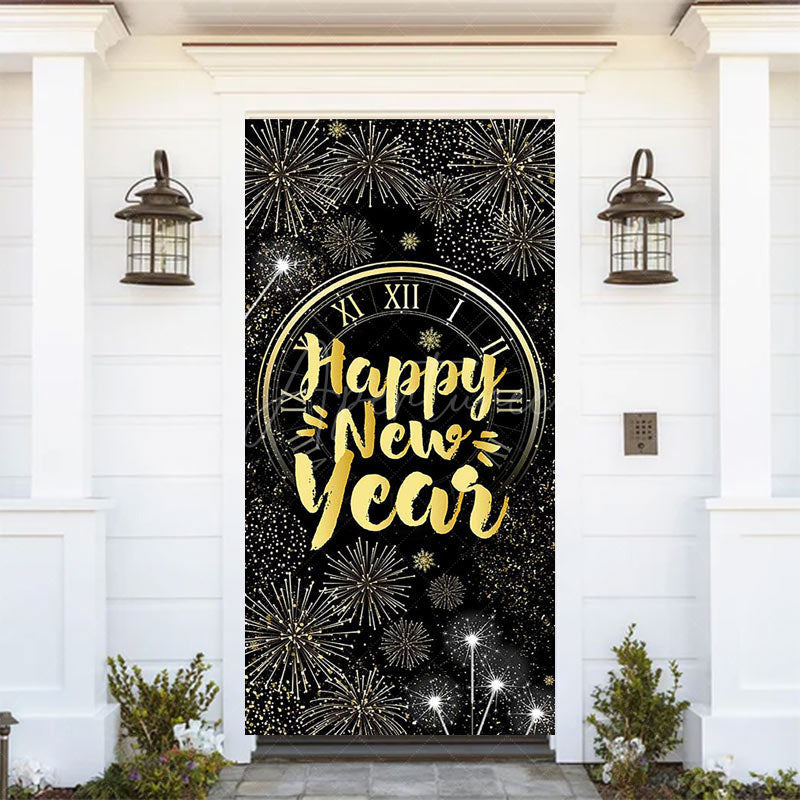 Aperturee - Aperturee Sparkle Black Gold Clock Happy New Year Door Cover