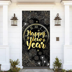 Aperturee - Aperturee Sparkle Black Gold Clock Happy New Year Door Cover
