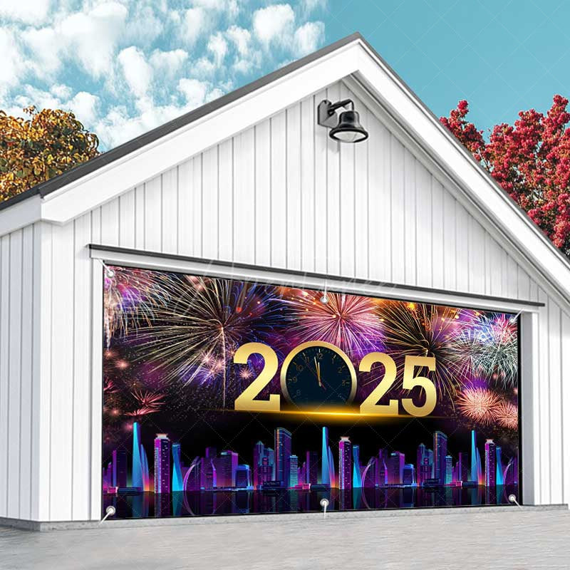 Aperturee - Aperturee Sparkle Neon Cyber City New Year Garage Door Banner