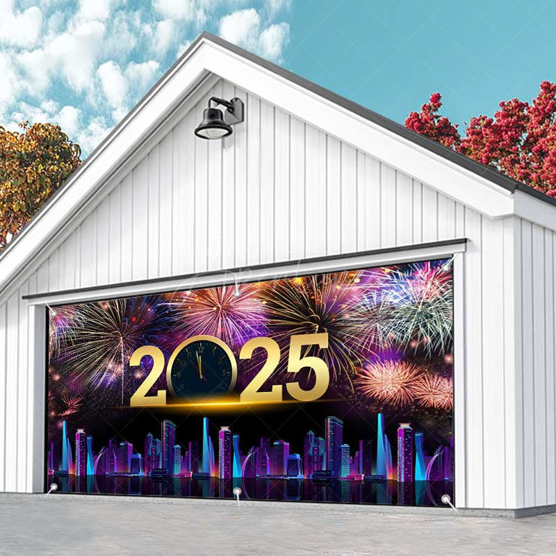 Aperturee - Aperturee Sparkle Neon Cyber City New Year Garage Door Banner