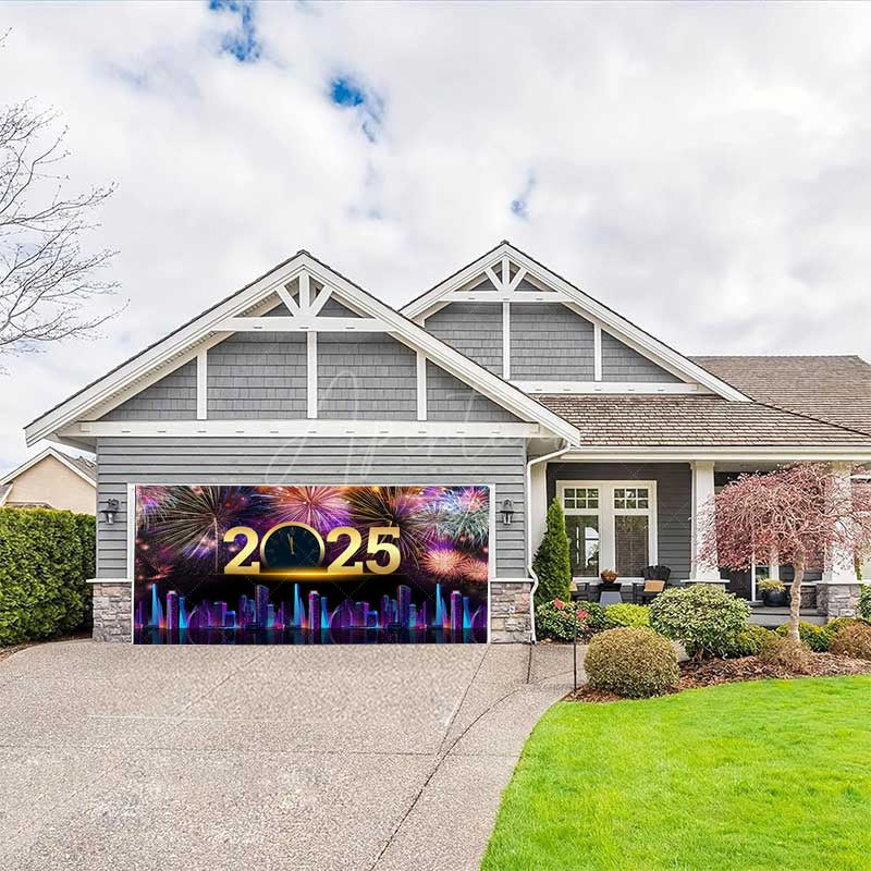 Aperturee - Aperturee Sparkle Neon Cyber City New Year Garage Door Banner