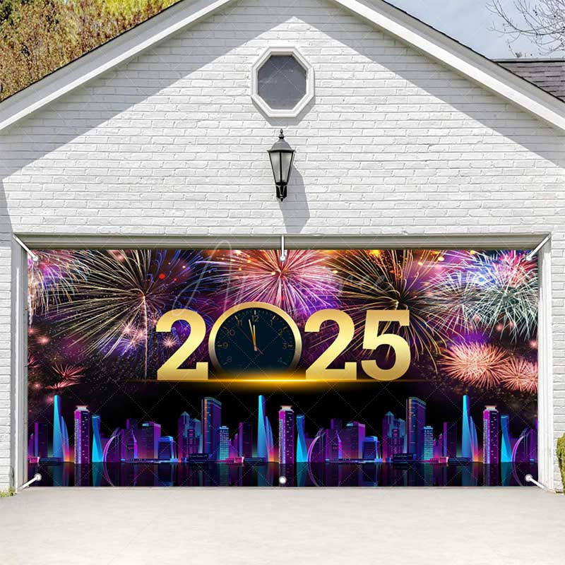 Aperturee - Aperturee Sparkle Neon Cyber City New Year Garage Door Banner