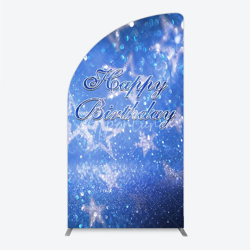 Aperturee - Aperturee Sparkling Blue Glitter Bokeh Stars Happy Birthday Half Moon Arch Backdrop Festive Party Decoration