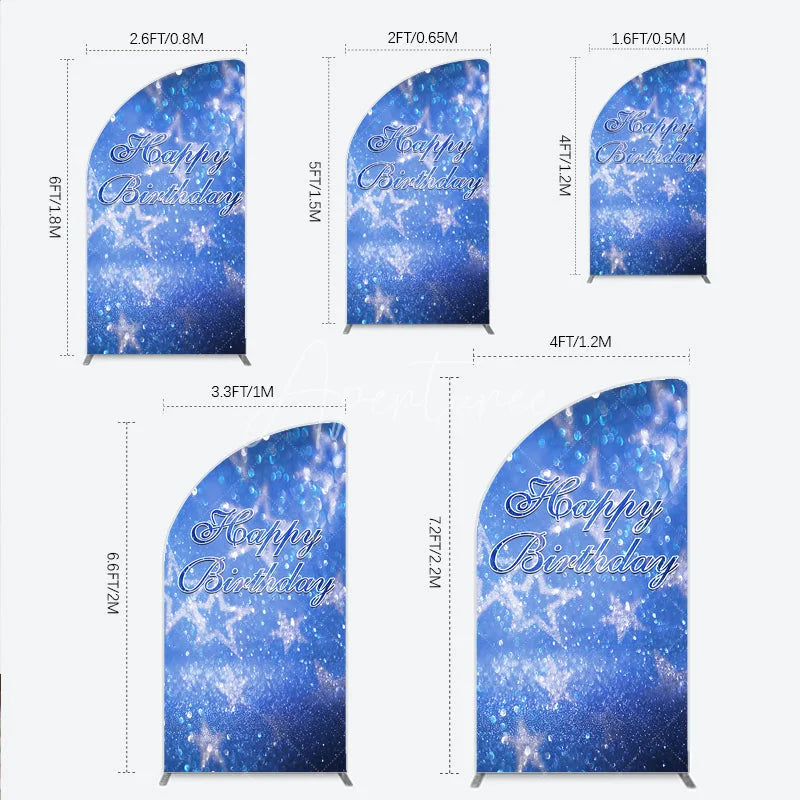 Aperturee - Aperturee Sparkling Blue Glitter Bokeh Stars Happy Birthday Half Moon Arch Backdrop Festive Party Decoration