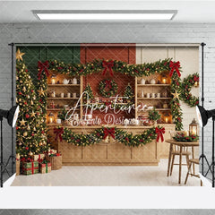 Aperturee - Aperturee Sparkling Christmas Tree with Golden Stars and Red Bow Garlands Holiday Backdrop Cozy Winter Celebration Decor