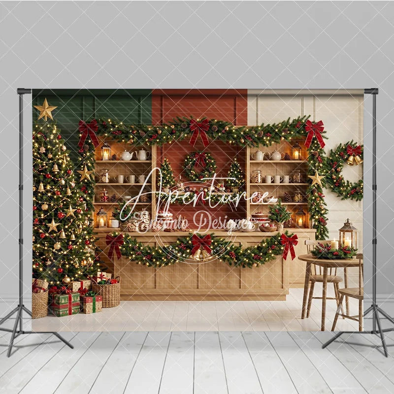 Aperturee - Aperturee Sparkling Christmas Tree with Golden Stars and Red Bow Garlands Holiday Backdrop Cozy Winter Celebration Decor
