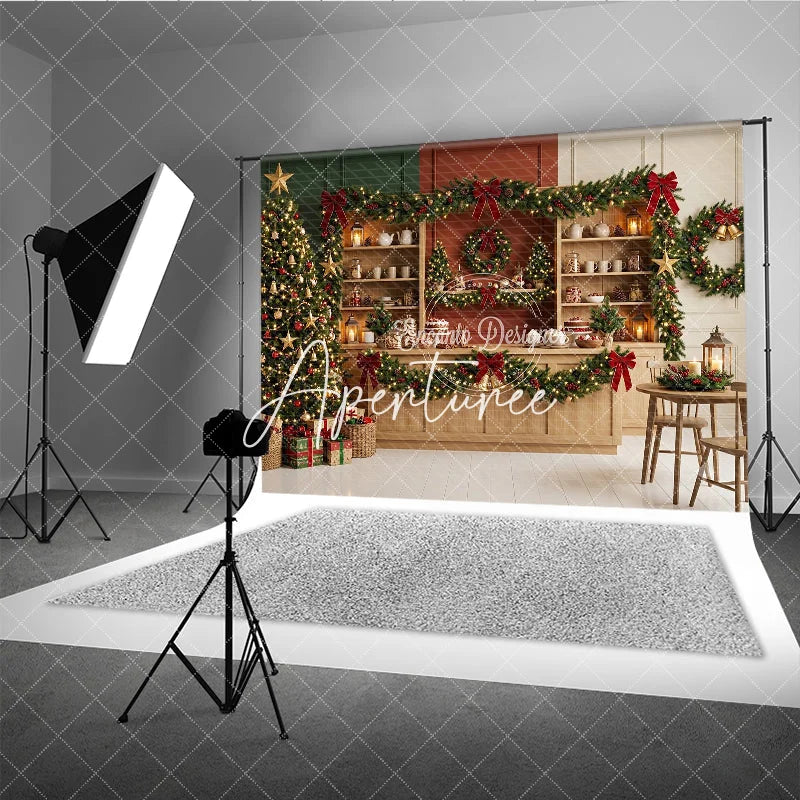 Aperturee - Aperturee Sparkling Christmas Tree with Golden Stars and Red Bow Garlands Holiday Backdrop Cozy Winter Celebration Decor