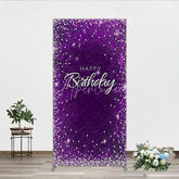 Aperturee - Aperturee Sparkling Deep Purple Silver Glitter Diamond Happy Birthday Rectangle Arch Backdrop Party Decor for Celebrations.