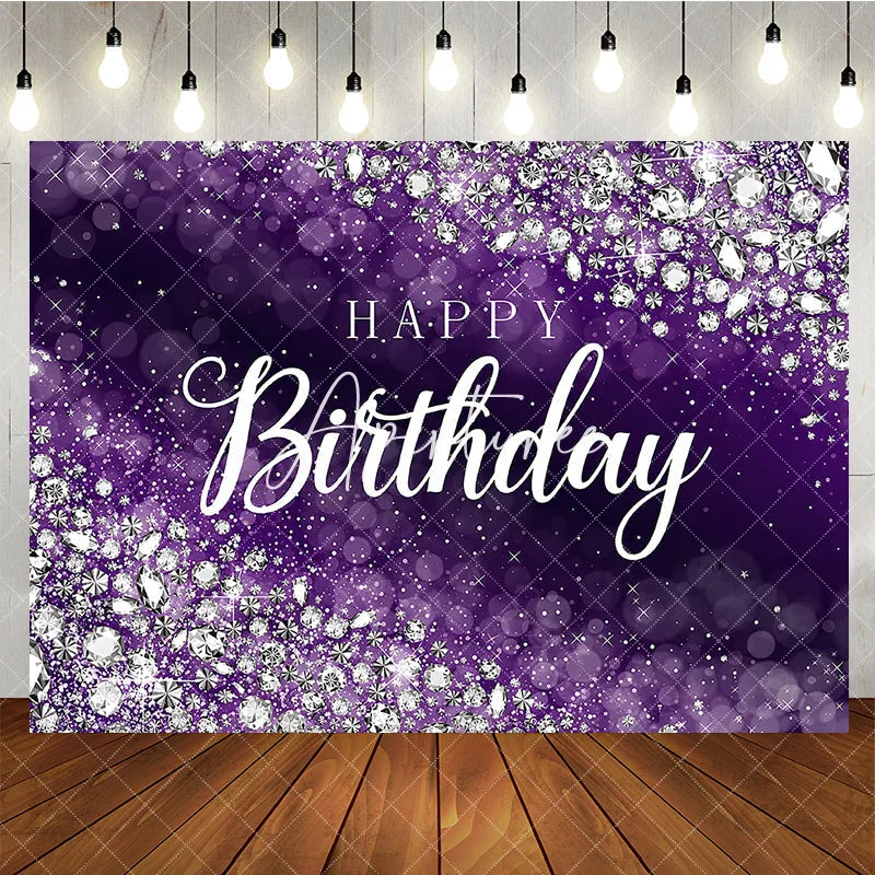 Aperturee - Aperturee Sparkling Purple and Silver Glitter Diamond Happy Birthday Backdrop Elegant Bokeh Celebration Party Decor