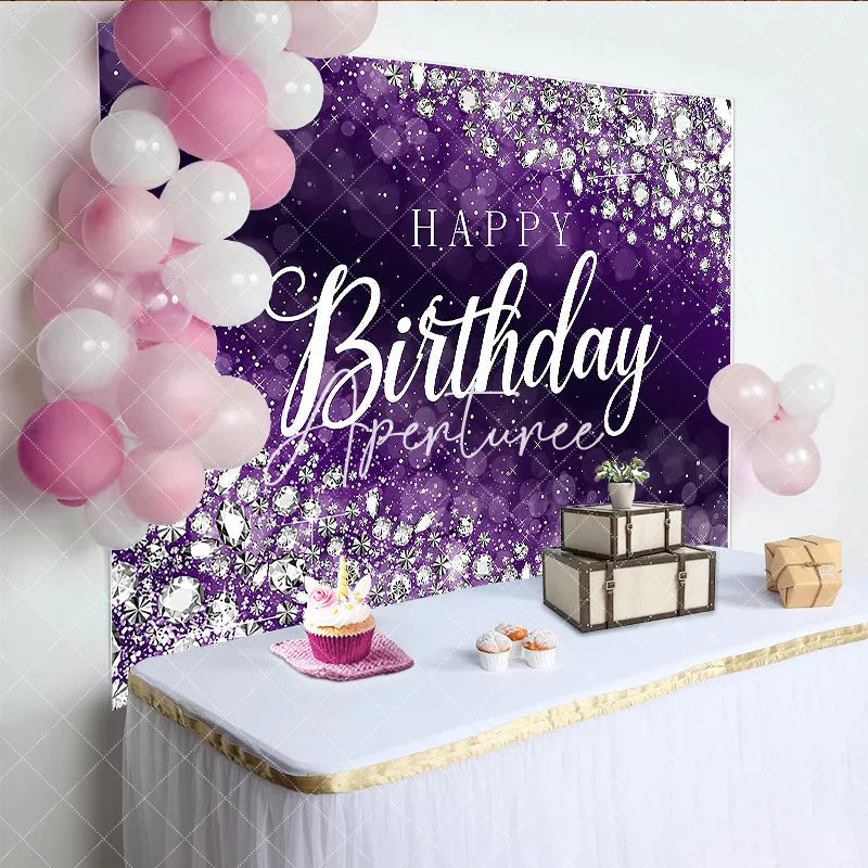 Aperturee - Aperturee Sparkling Purple and Silver Glitter Diamond Happy Birthday Backdrop Elegant Bokeh Celebration Party Decor