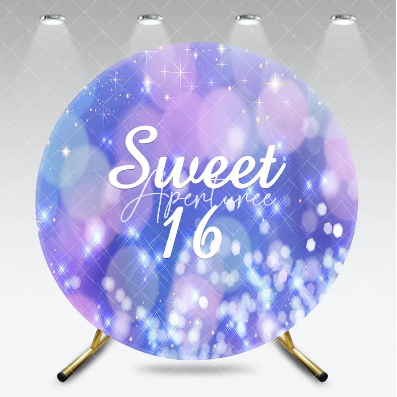 Aperturee - Aperturee Sparkling Purple Blue Bokeh Glitter Sweet 16 Round Backdrop Dreamy Stars Birthday Party Celebration Decor