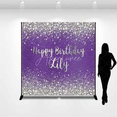 Aperturee - Aperturee Sparkling Purple Silver Glitter Diamond Personalized Happy Birthday Custom Backdrop Elegant Party Decor