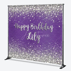 Aperturee - Aperturee Sparkling Purple Silver Glitter Diamond Personalized Happy Birthday Custom Backdrop Elegant Party Decor