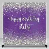 Aperturee - Aperturee Sparkling Purple Silver Glitter Diamond Personalized Happy Birthday Custom Backdrop Elegant Party Decor