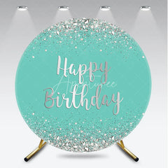 Aperturee - Aperturee Sparkling Teal and Silver Glitter Happy Birthday Round Backdrop Elegant Diamond Party Decoration for Celebrations