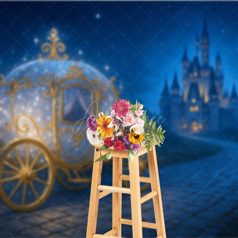 Aperturee - Aperturee Sparkly Princess Carriage Photography Backdrop Fairytale Castle on a Starry Night Cinderella Inspired Birthday