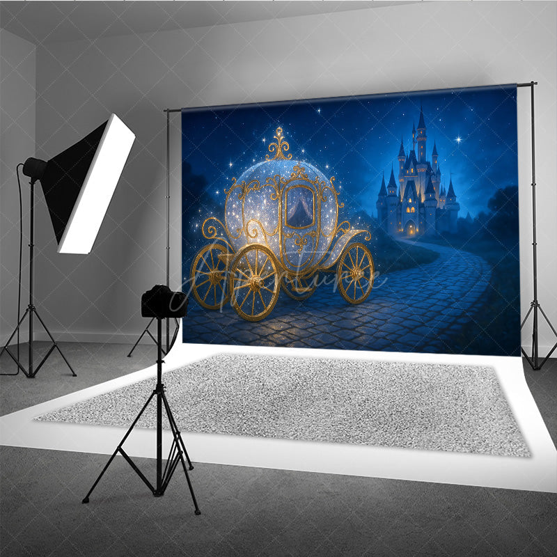Aperturee - Aperturee Sparkly Princess Carriage Photography Backdrop Fairytale Castle on a Starry Night Cinderella Inspired Birthday