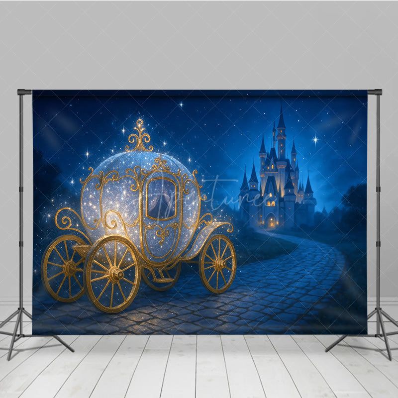Aperturee - Aperturee Sparkly Princess Carriage Photography Backdrop Fairytale Castle on a Starry Night Cinderella Inspired Birthday