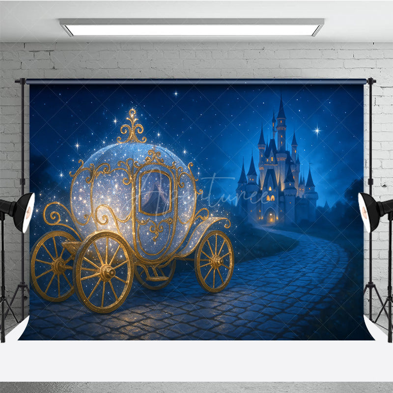 Aperturee - Aperturee Sparkly Princess Carriage Photography Backdrop Fairytale Castle on a Starry Night Cinderella Inspired Birthday