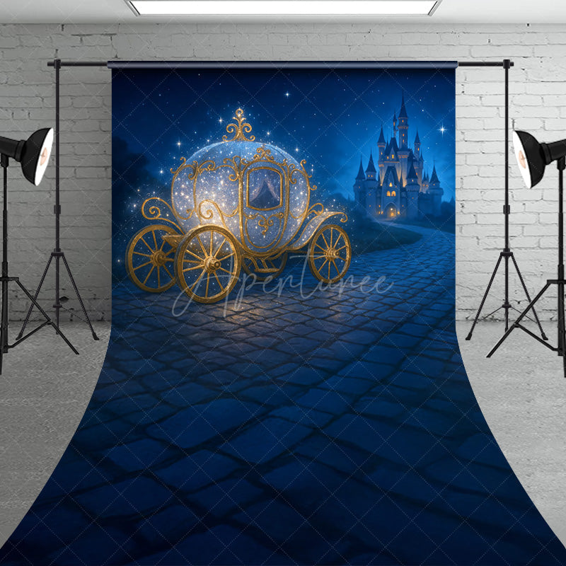 Aperturee - Aperturee Sparkly Princess Carriage Sweep Backdrop Fairytale Castle on a Starry Night Cinderella Inspired Birthday