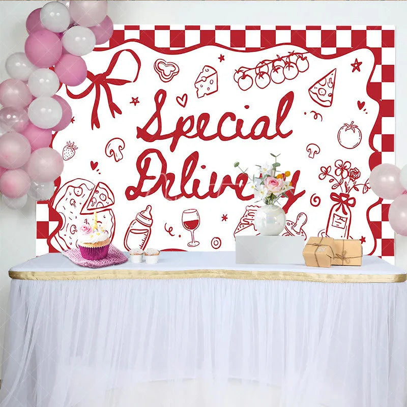 Aperturee - Aperturee Special Delivery Pizza Theme Baby Shower Backdrop Red Checkered Italian Food Party Decoration