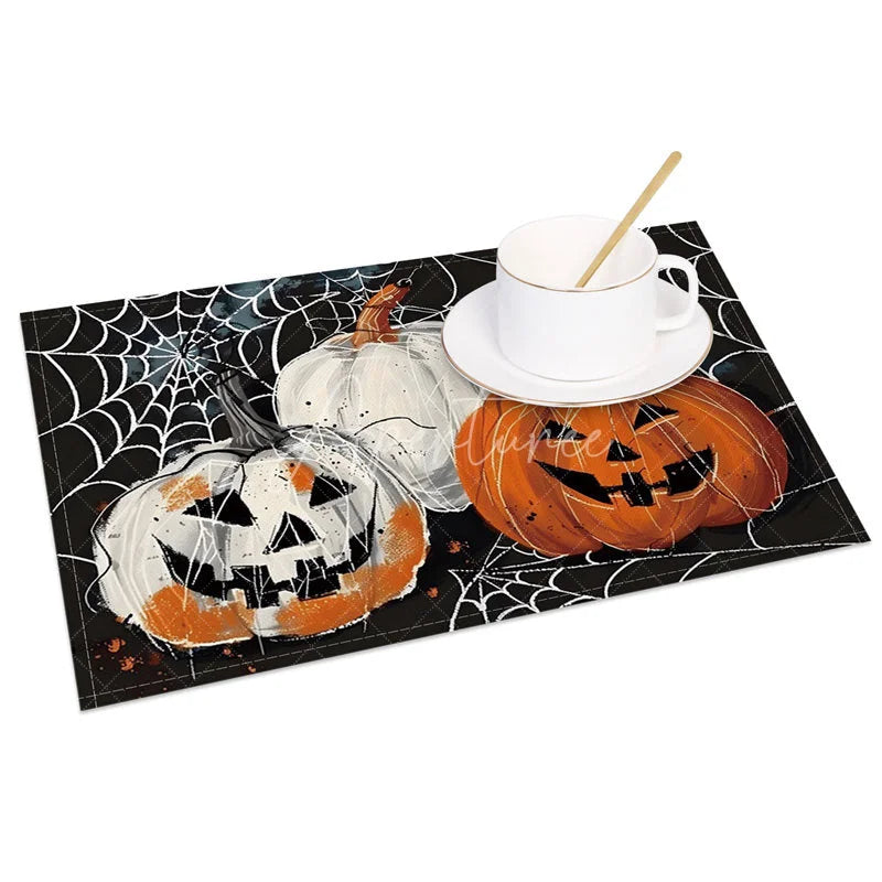 Aperturee - Aperturee Spiderweb and Jack-O’-Lantern Halloween Set of 4 Placemats for Spooky Holiday Party and Dining Decor