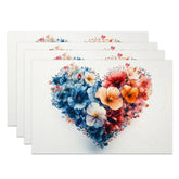 Aperturee - Aperturee Split Color Floral Heart Set of 4 Placemats Blue Red Flower Valentine Decoration Artistic Love Table Mat