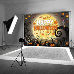 Aperturee - Aperturee Spooky Black and Orange Happy Halloween Holiday Backdrop featuring a Glowing Full Moon and Playful Skeletons