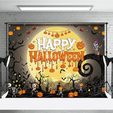 Aperturee - Aperturee Spooky Black and Orange Happy Halloween Holiday Backdrop featuring a Glowing Full Moon and Playful Skeletons