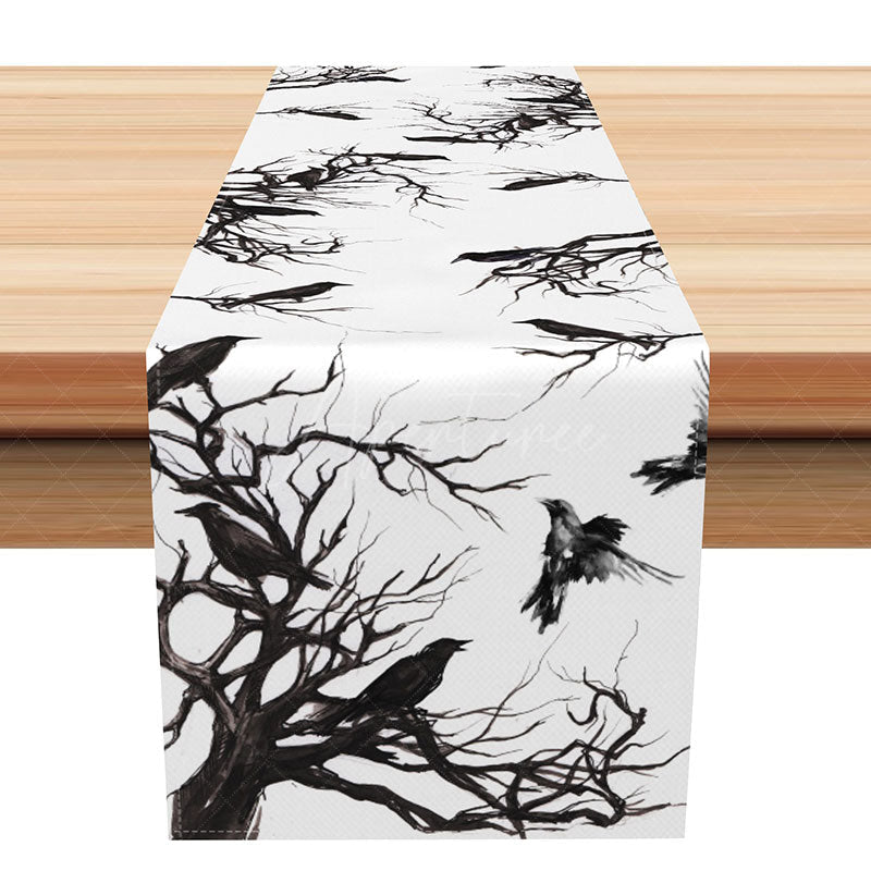 Aperturee - Aperturee Spooky Black Crow and Tree Halloween Table Runner Moody Gothic Decor Haunted Forest Themed Party Decoration
