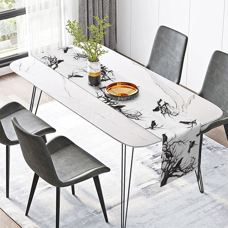 Aperturee - Aperturee Spooky Black Crow and Tree Halloween Table Runner Moody Gothic Decor Haunted Forest Themed Party Decoration