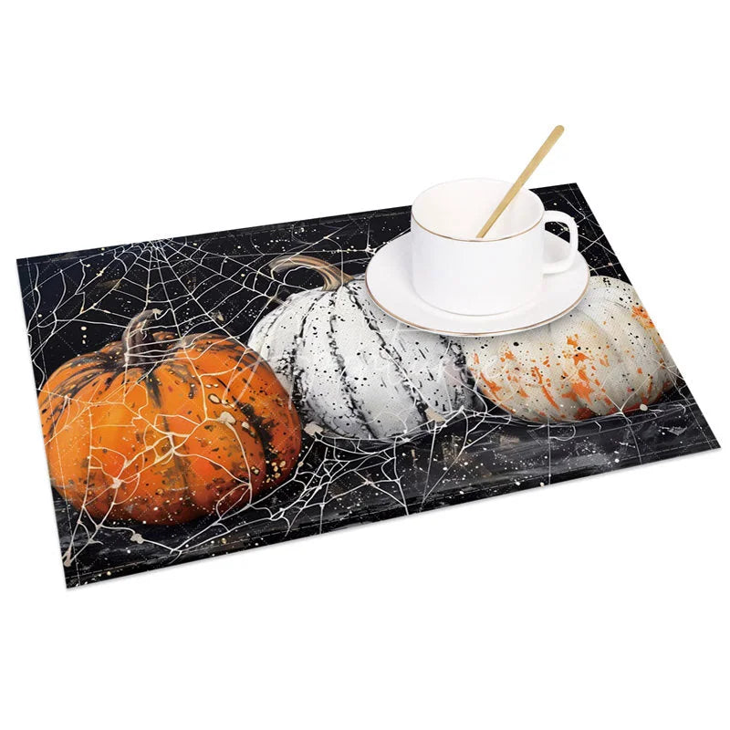 Aperturee - Aperturee Spooky Black Pumpkin and Spiderweb Halloween Set of 4 Placemats for Gothic and Haunted House Decor