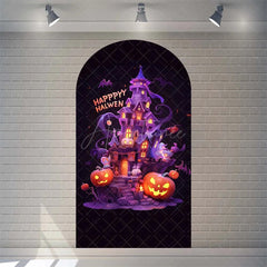 Aperturee - Aperturee Spooky Castle Halloween Arch Backdrop Haunted Party Decor with Bat Spider Web Happy Halloween Photo Prop for Indoor