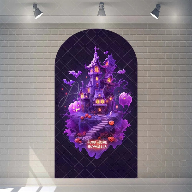 Aperturee - Aperturee Spooky Castle Halloween Arch Backdrop Haunted Party Decor with Bat Spider Web Happy Halloween Photo Prop for Indoor