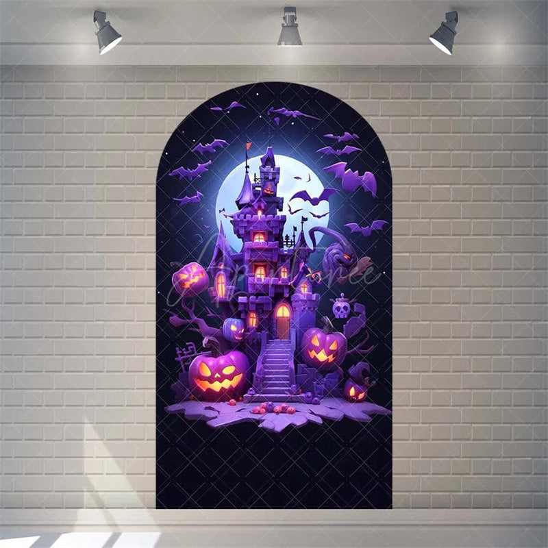 Aperturee - Aperturee Spooky Castle Halloween Arch Backdrop Haunted Party Decor with Bat Spider Web Happy Halloween Photo Prop for Indoor