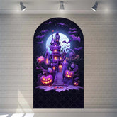 Aperturee - Aperturee Spooky Castle Halloween Arch Backdrop Haunted Party Decor with Bat Spider Web Happy Halloween Photo Prop for Indoor