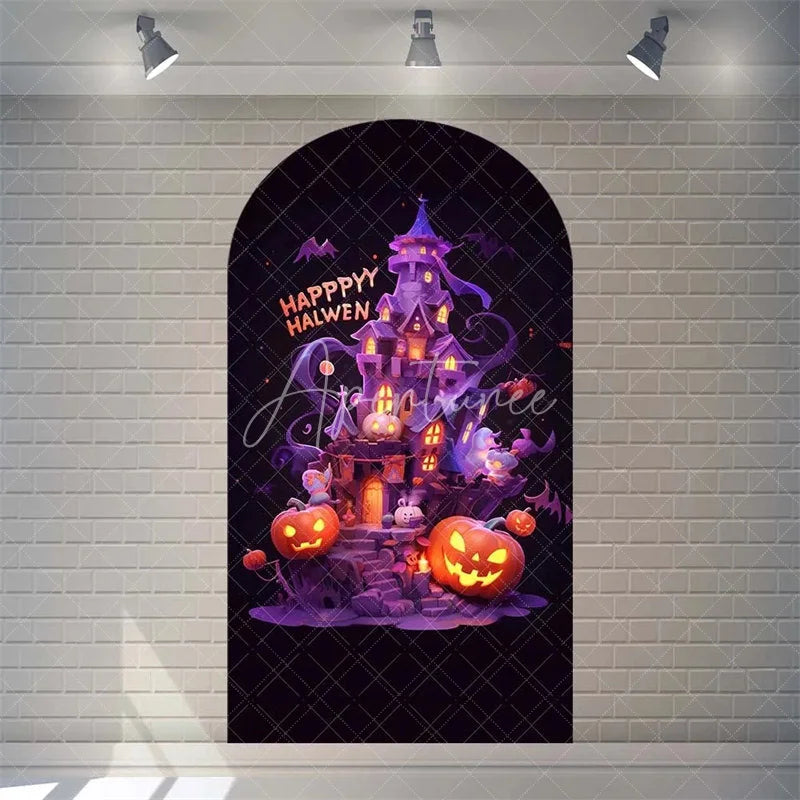 Aperturee - Aperturee Spooky Castle Halloween Arch Backdrop Haunted Party Decor with Bat Spider Web Happy Halloween Photo Prop for Indoor