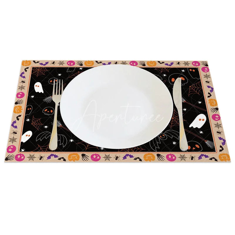 Aperturee - Aperturee Spooky Halloween Bat Skull and Spider Web Set of 4 Placemats for Haunted House Party Decorations