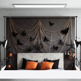 Aperturee Aperturee Spooky Halloween Bedroom Photography Backdrop Headboard with Gauze Spiderwebs and Bats Haunted House Photo Prop