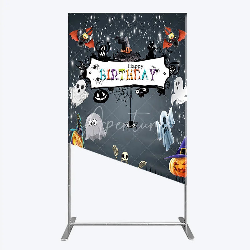 Aperturee - Aperturee Spooky Halloween Birthday Rectangle Backdrop Cute Ghost Skeleton and Pumpkin A Little Boo is Due Party Decor