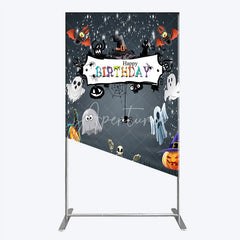 Aperturee - Aperturee Spooky Halloween Birthday Rectangle Backdrop Cute Ghost Skeleton and Pumpkin A Little Boo is Due Party Decor