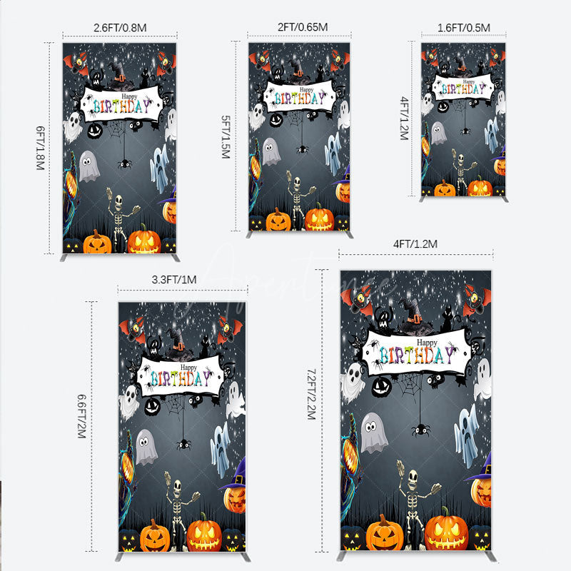 Aperturee - Aperturee Spooky Halloween Birthday Rectangle Backdrop Cute Ghost Skeleton and Pumpkin A Little Boo is Due Party Decor