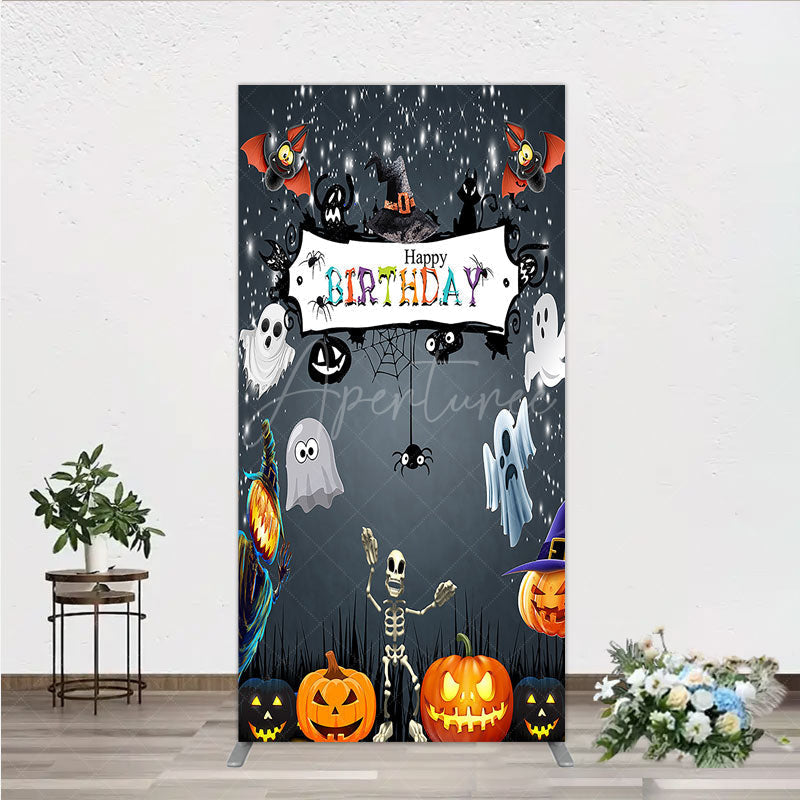 Aperturee - Aperturee Spooky Halloween Birthday Rectangle Backdrop Cute Ghost Skeleton and Pumpkin A Little Boo is Due Party Decor
