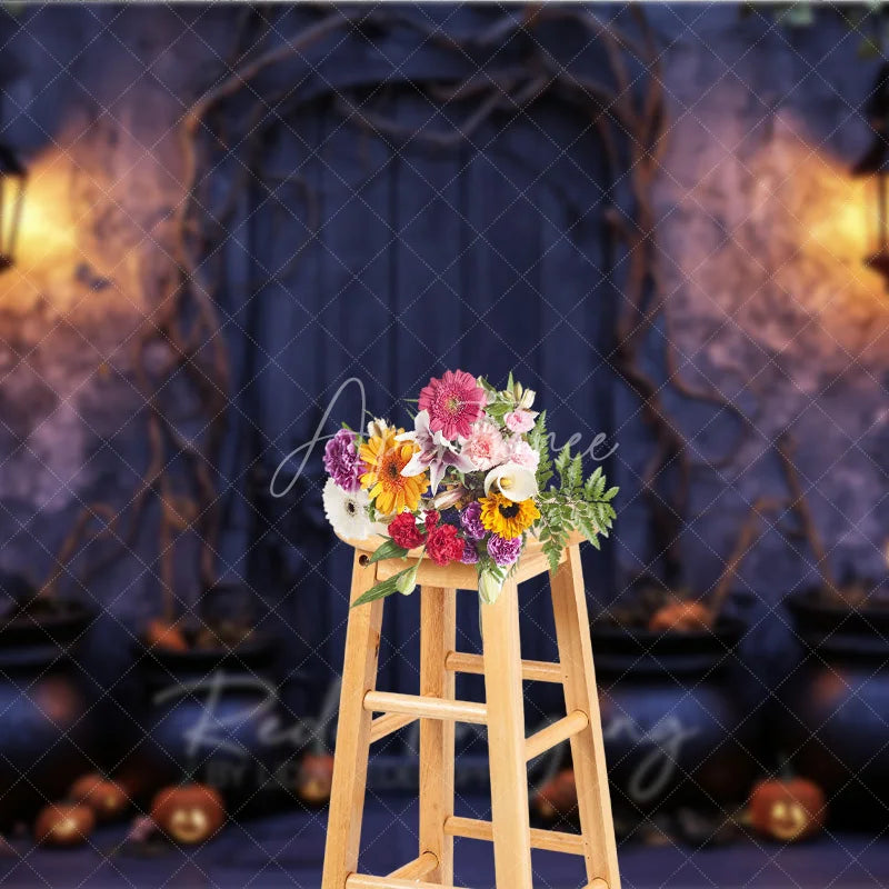 Aperturee - Aperturee Spooky Halloween Door Holiday Backdrop Featuring Glowing Jack-o-Lanterns Cauldrons and Twisted Vines
