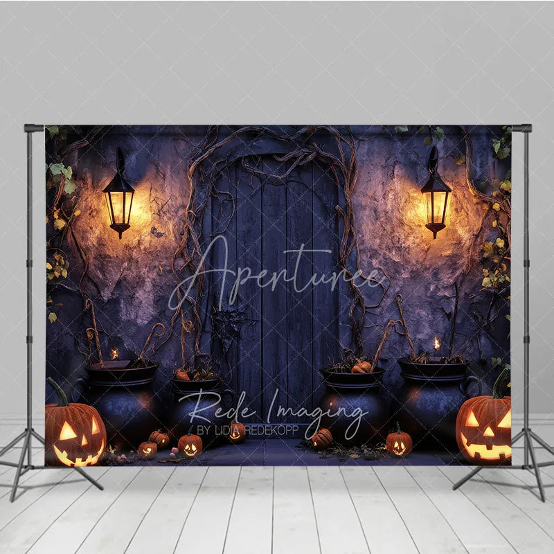 Aperturee - Aperturee Spooky Halloween Door Holiday Backdrop Featuring Glowing Jack-o-Lanterns Cauldrons and Twisted Vines