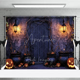 Aperturee - Aperturee Spooky Halloween Door Holiday Backdrop Featuring Glowing Jack-o-Lanterns Cauldrons and Twisted Vines